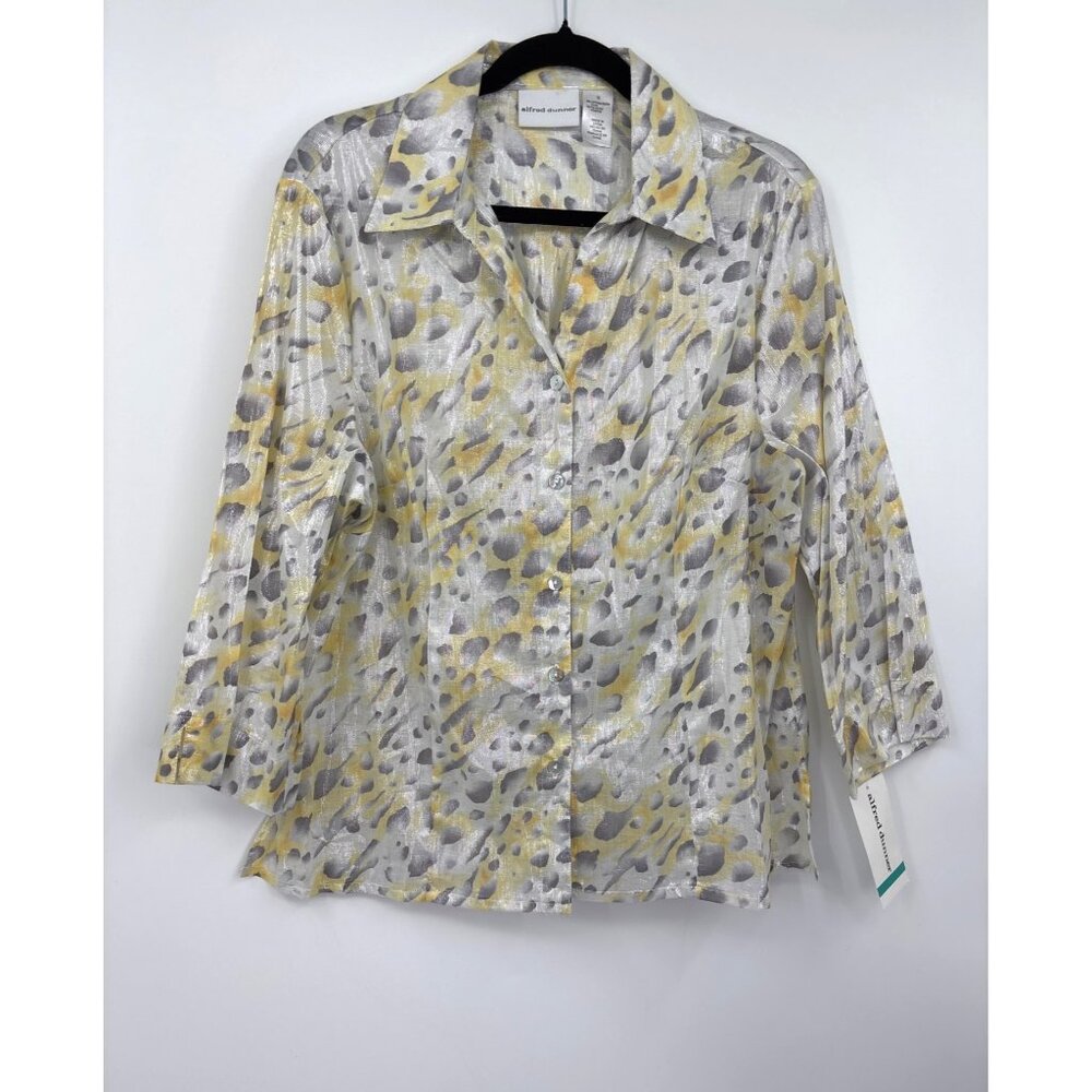 Alfred Dunner Shimmer Button Down Up Shirt Top 3/4 Sleeve Silver Yellow 16 NEW